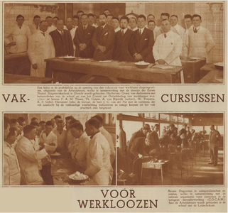 874252 Collage van 3 foto's betreffende de vakcursussen voor werklozen in Utrecht, met boven een groepsportret van ...